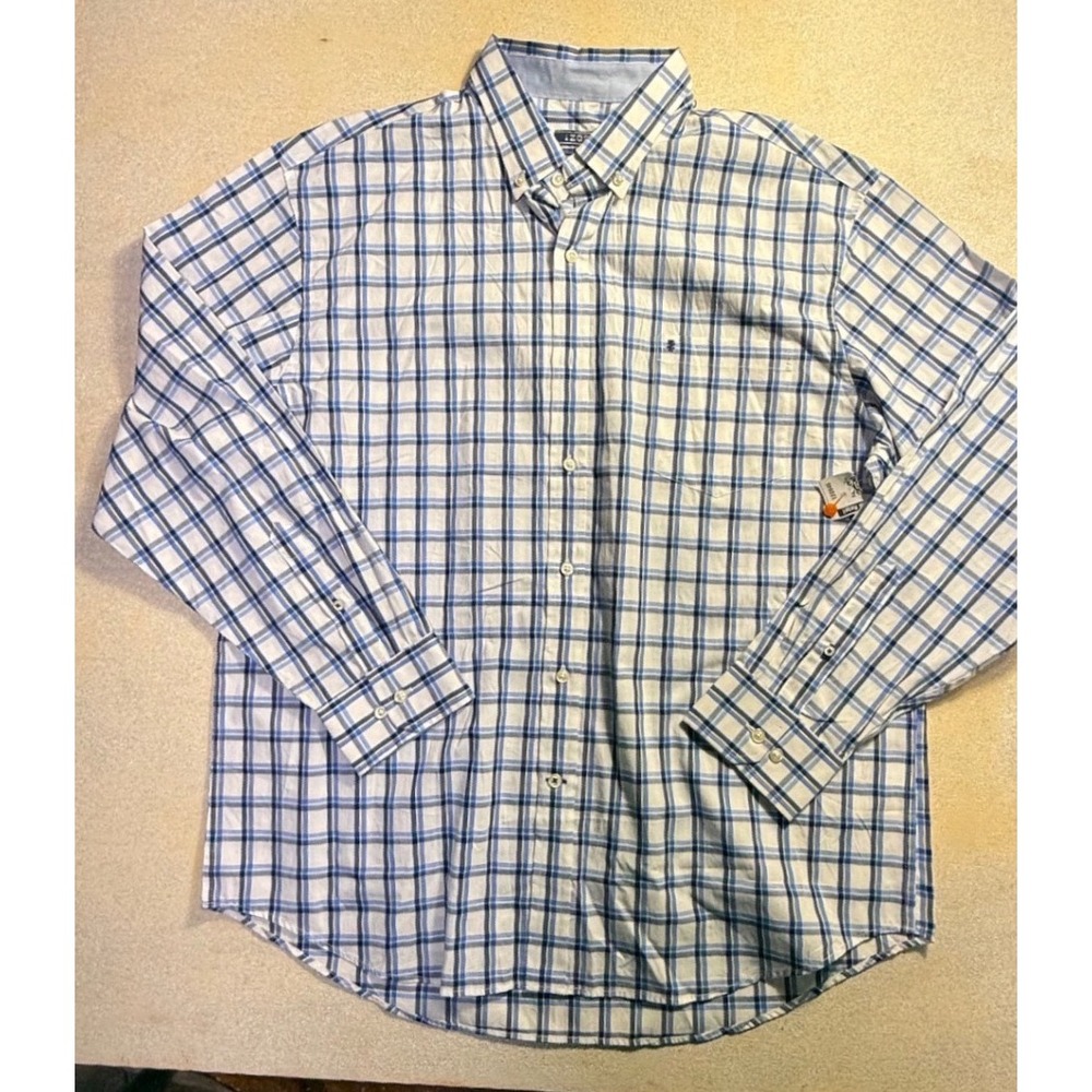 IZOD Mens 2XL Blue‎ White Plaid Long Sleeve Button Down Shirt Premium New-2115